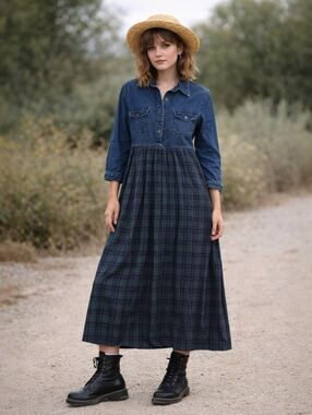 Vintage Studio Ease Modest Midi Dress Denim Plaid Pockets Tie Back Small